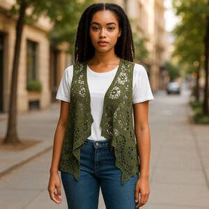 Jastie Crochet Boho Sleeveless Cardigan Vest Green One Size